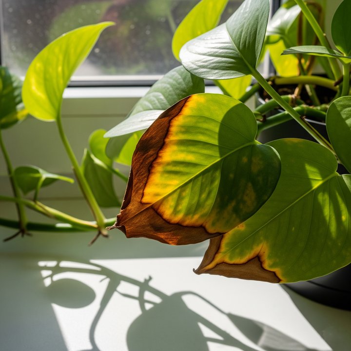 Golden pothos leaves showing sunburn damage