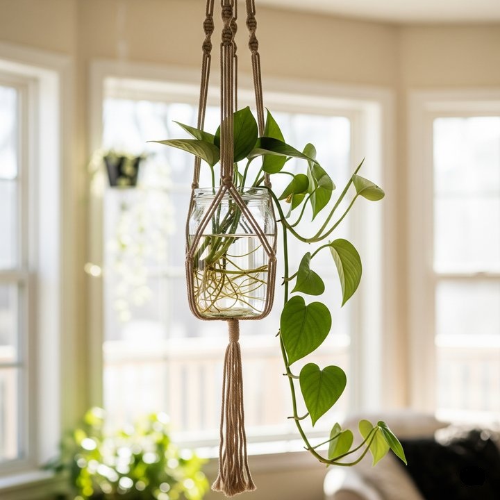 Hanging Macrame Pothos Water Setup