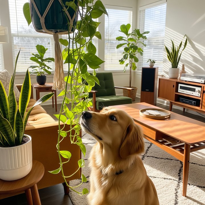 curious dog sniffing a pothos