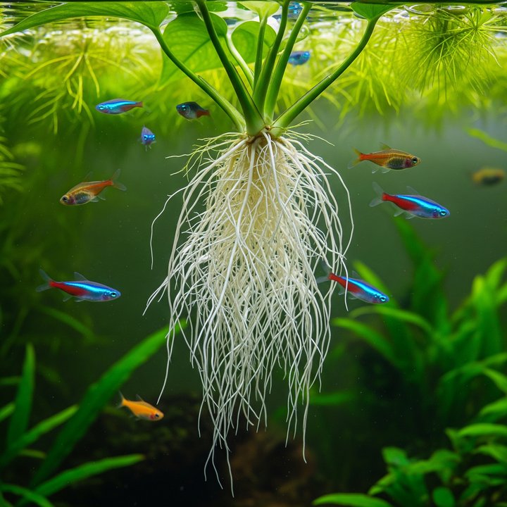 healthy white roots of pothos dangling into aquarium water