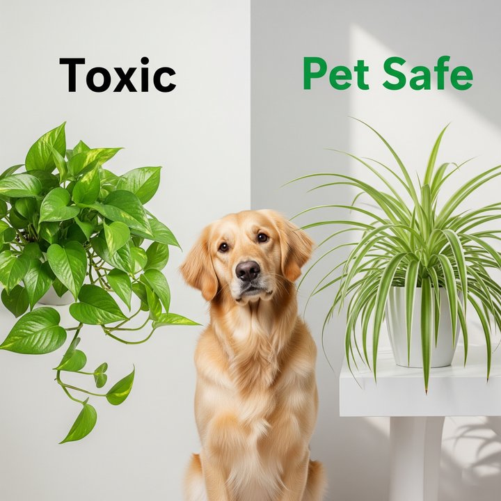 Split-screen image showing: one side with a pothos plant labeled ‘Toxic’, the other side with a spider plant labeled ‘Pet Safe’