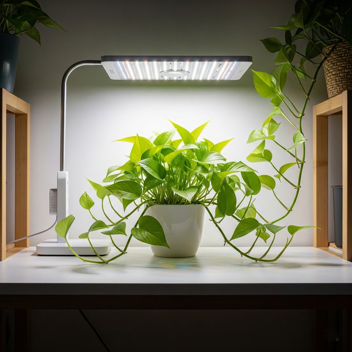 pothos plant under a modern LED grow light setup