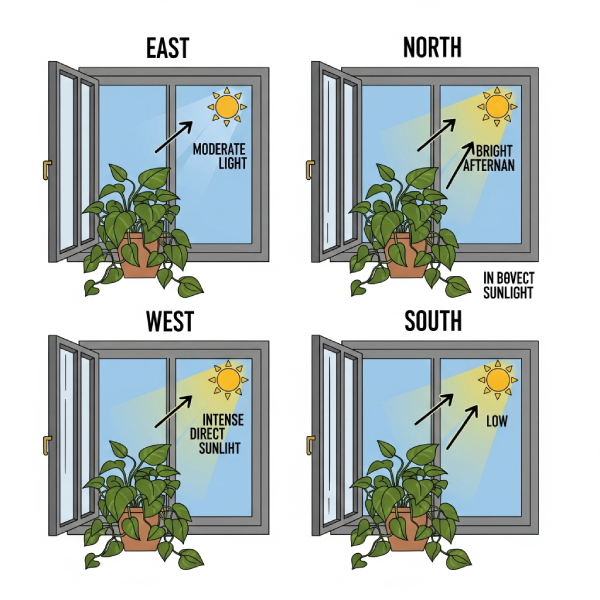 Infographic showing four windows labeled East, West, South, and North, each with a pothos plant under different lighting conditions