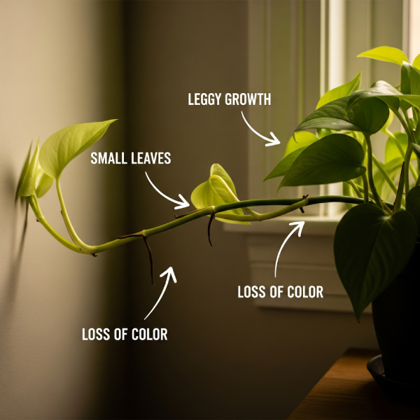Close-up of a pothos plant with leggy