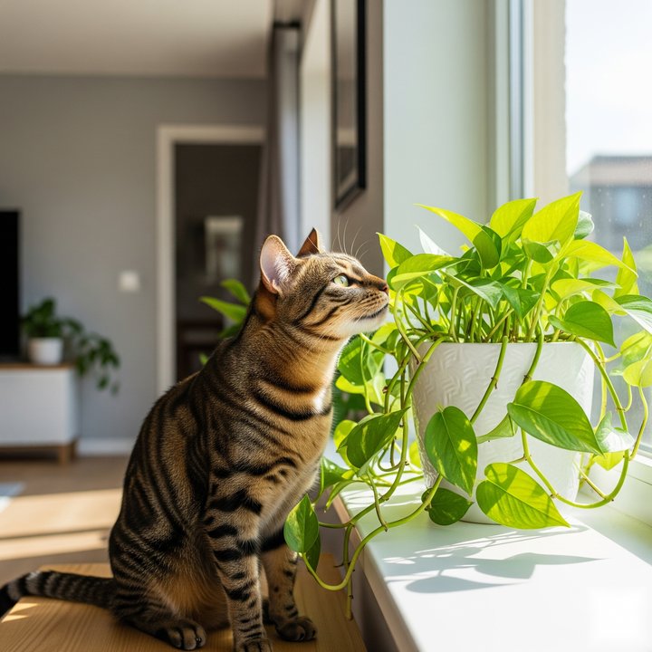 Tabby cat near a pothos plant on a windowsill, showing potential risk of ingestion