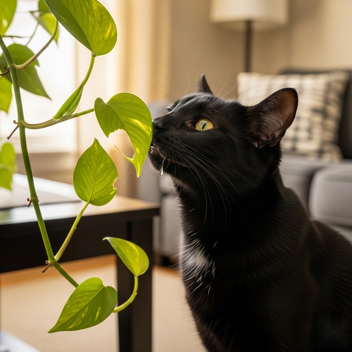 Cat sniffing pothos leaf with light drooling symptoms