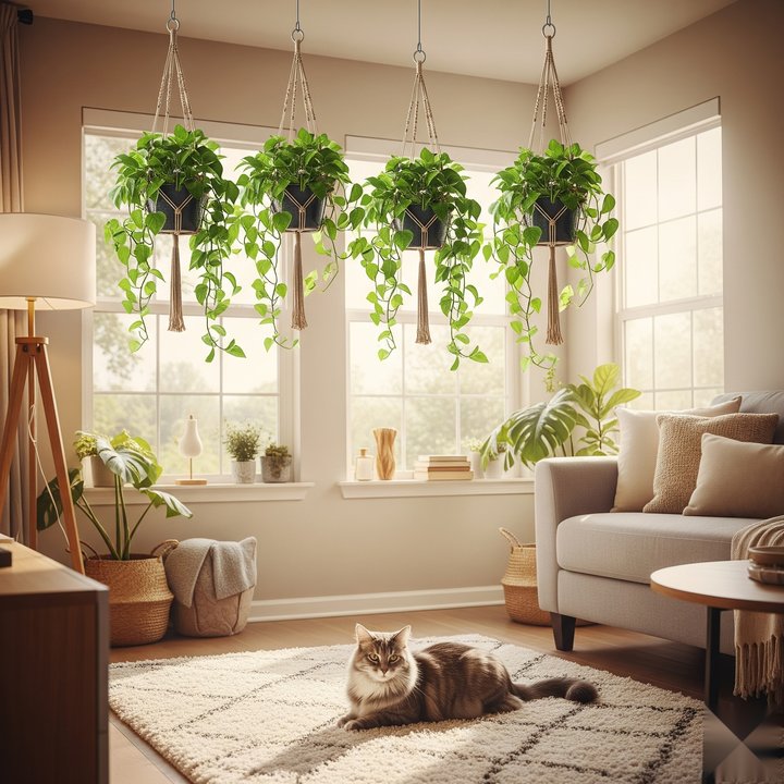 Living room with pothos plants hung high and a cat sitting safely below.
