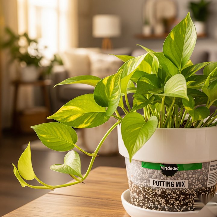 Close-up of a vibrant golden pothos in a white ceramic pot with Miracle-Gro Potting Mix, showcasing healthy green and yellow leaves in a cozy indoor setting
