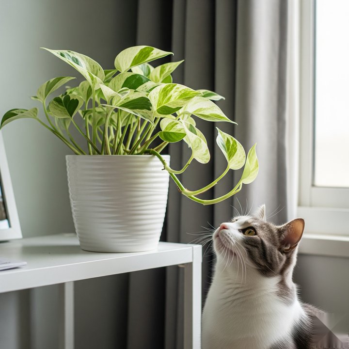 Cat looking up at a Marble Queen pothos on a high shelf