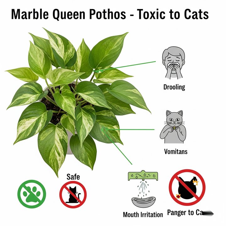 Infographic showing symptoms of pothos toxicity in cats