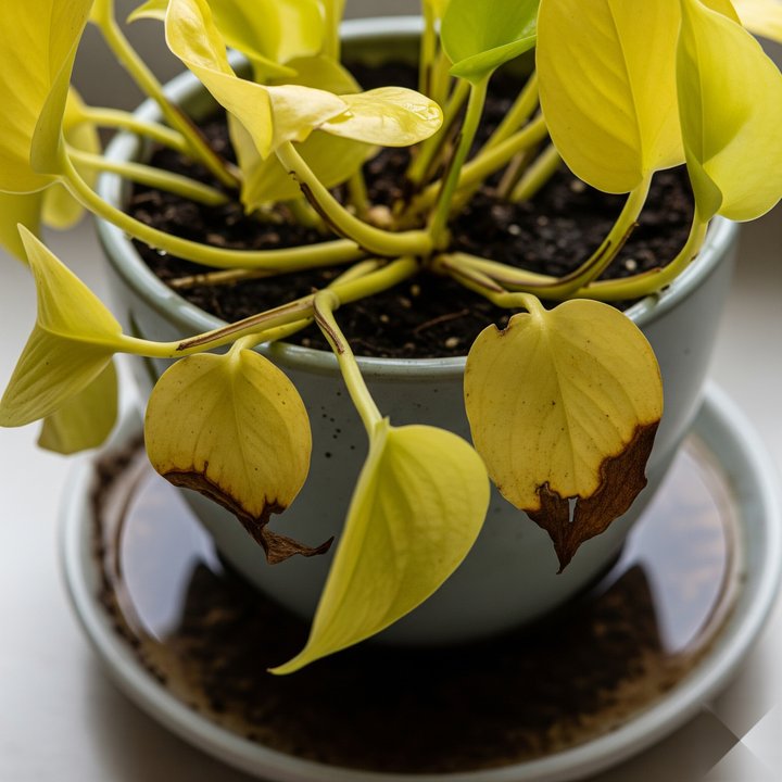 Overwatered pothos with curled, yellowing leaves and soggy soil
