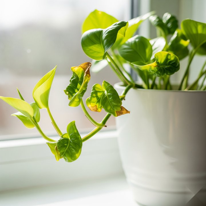 Close-up of pothos plant with curled leaves showing stress symptoms