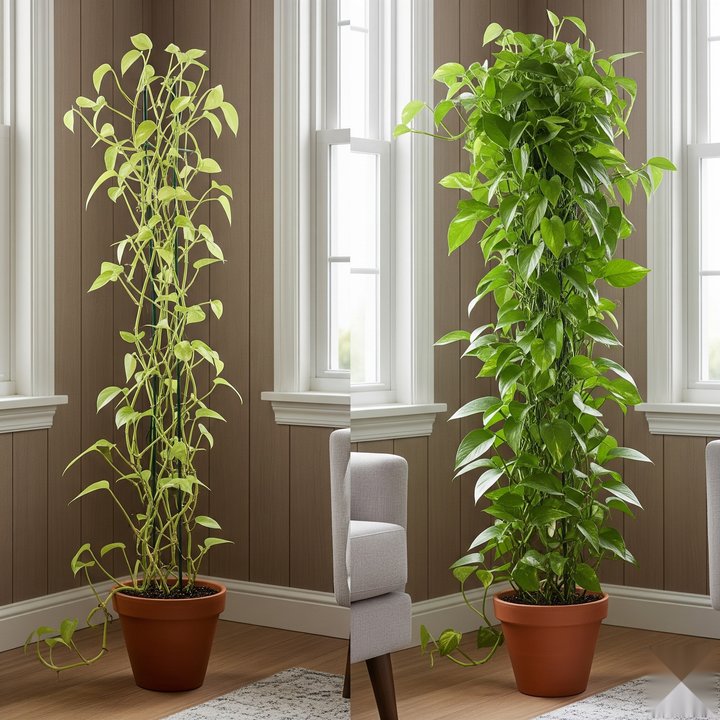 Comparison of pothos plant before and after regular fertilizing