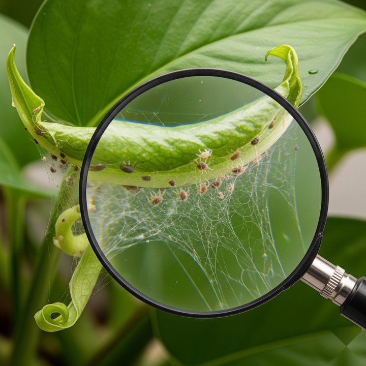 Close-up of pothos leaf curling due to spider mites