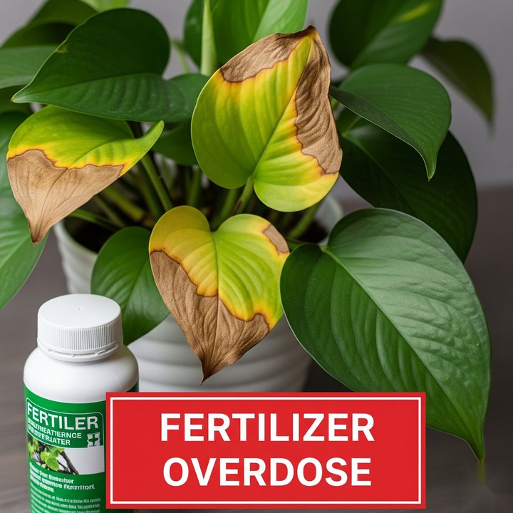 Leaf damage from overfertilizing pothos plant