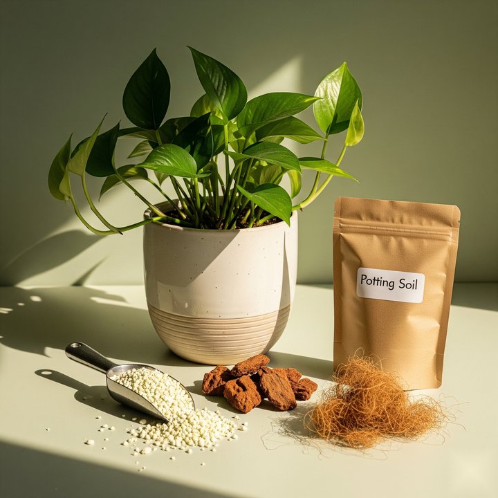 Indoor scene with pothos plant and soil mix ingredients like perlite, bark, and potting soil