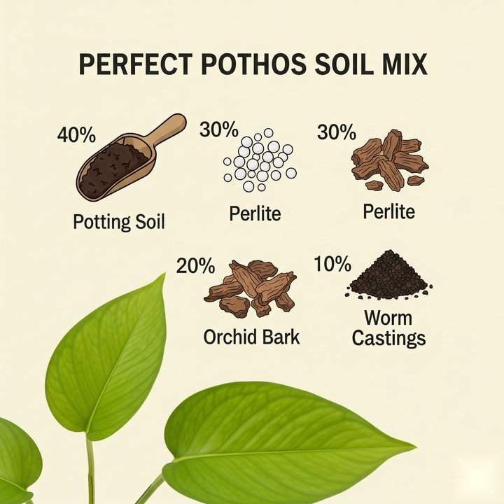 An overhead flat lay showing separate piles of indoor potting soil, perlite, orchid bark chunks, and a small container of worm castings, each clearly labeled as components for a DIY pothos soil mix