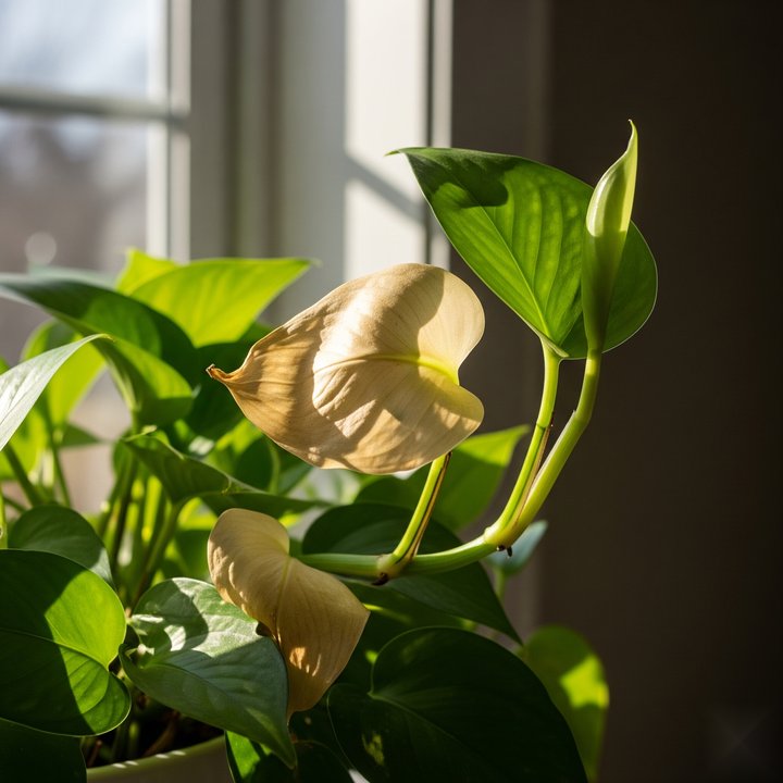 Satin pothos with curled leaves from excessive sunlight exposure