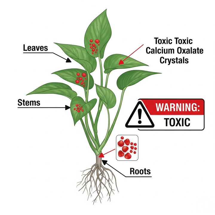 Diagram showing toxic parts of a pothos plant including leaves, stems, and roots