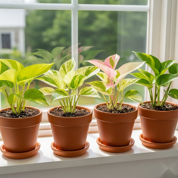Golden, marble queen, neon, and manjula pothos in terracotta pots with Miracle-Gro Potting Mix, showcasing their unique leaf patterns