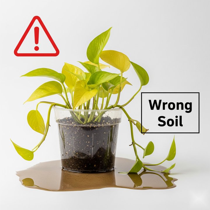 A sad pothos plant in a waterlogged plastic pot without drainage holes