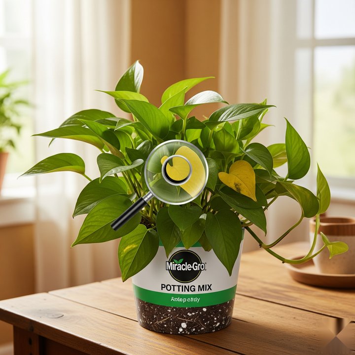 Pothos plant with yellowing leaves in Miracle-Gro Potting Mix, highlighting common care issues