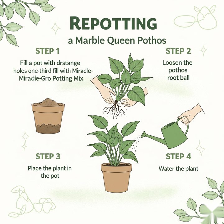 Infographic showing how to repot a marble queen pothos with Miracle-Gro Potting Mix in four easy steps