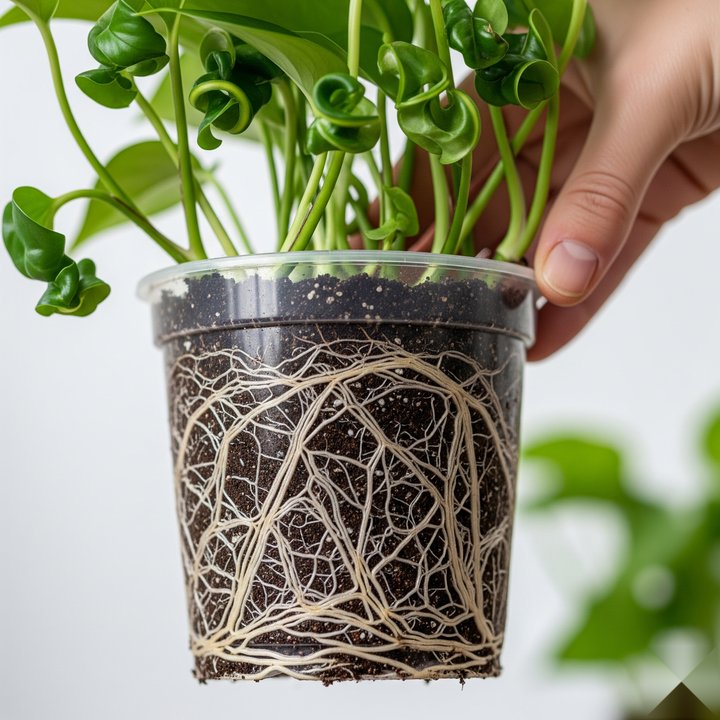 Root-bound pothos plant showing leaf curling and dense root mass