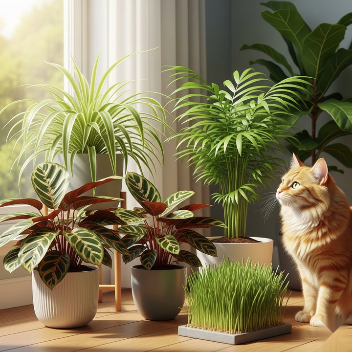 Pet-safe houseplants including spider plant and cat grass