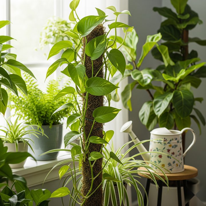 Healthy pothos climbing a moss pole with good care setup