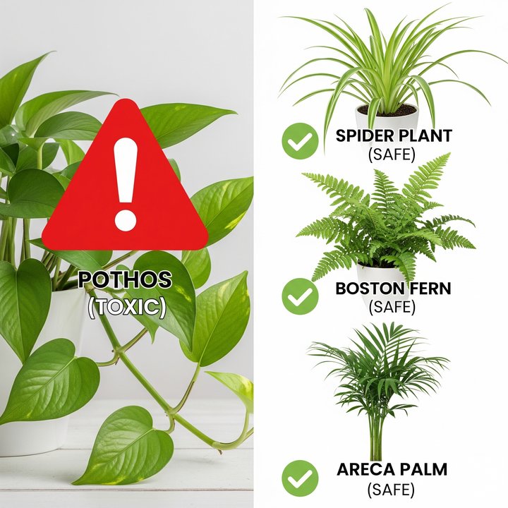 Comparison of toxic pothos and safe houseplants for cats.