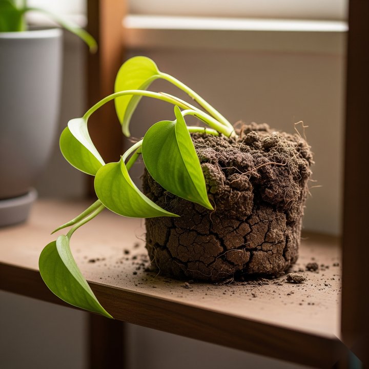 Pothos leaves curling due to underwatering and dry soil