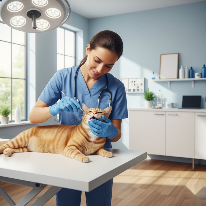 Veterinarian examining a cat after pothos ingestion.